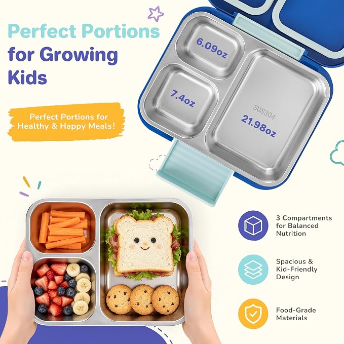 Bento Lunch Box for Kids, 3 Compartment 304 Stainless Steel Food Container with Handle & Spork, Kids Lunch Box Fits Ice Pack, BPA-Free, Blue