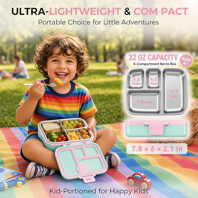 Kids Stainless Steel Bento Lunch Box, 4 Compartments | Leak-Resistant 4 Cups Lunch Container for Ages 4+ with Easy-Open Latch, Removable Seal & Meal Feedback Icon