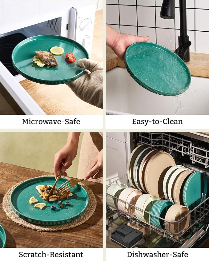 Famiware Stoneware Dinnerware Sets for 8, 24pc Rimmed Plates, Bowls, Dishes | Chip & Scratch Resistant Ceramic, Microwave & Dishwasher Safe, Everyday & Formal Use, Modern Rustic, Lipped Edges, Sage Green