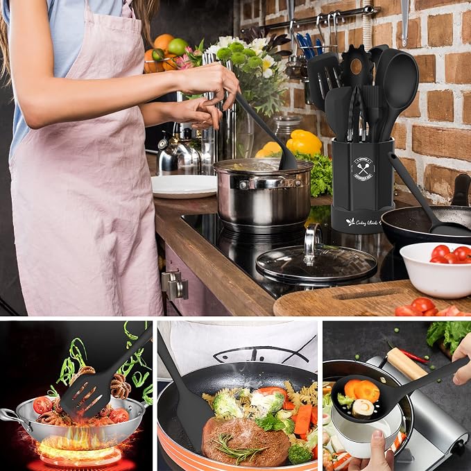 Silicone Kitchen Utensils Set, 16-Piece Silicone Cooking Utensils by Deedro | Heat Resistant Kitchen Tools Set with Holder, Nonstick Spatula Kitchen Gadgets for Cooking & Baking, Black