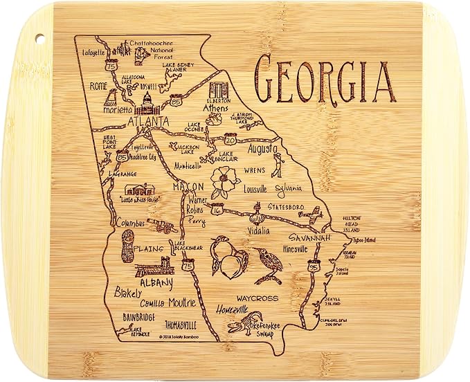 Totally Bamboo A Slice of Life Georgia Engraved Map Cutting Board | 11” x 8.75” charcuterie board with engraved state map artwork. Smooth reverse side for food prep. Hang tie for wall display.
