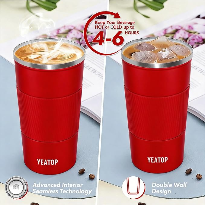 16 oz Insulated Travel Coffee Mug Spill Proof Leak proof, Reusable Thermal Coffee Cup, Stainless Steel Vacuum Coffee Tumbler for Hot/Cold Drinks, (Red, 510ml)