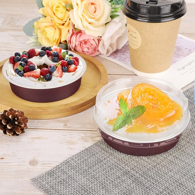 Beasea Disposable Mini Pie Tins With Lids, 4 Inch 50 Pack Disposable Mini Pie Pans, 8 Oz Aluminum Foil Coffee Brown Tart Pans Round Oven Baking Small Cake Tin for Cheesecake Fruit Tart Quiche