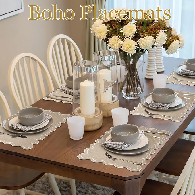 HunnmingRe Linen with Beige Set of 6 Cotton Linen Wedding Placemats, 13x19 Inch Scalloped Wavy Embroidery Placemat Double Layered Washable Rustic Rectangle Dinner Table Mat for Home Decor