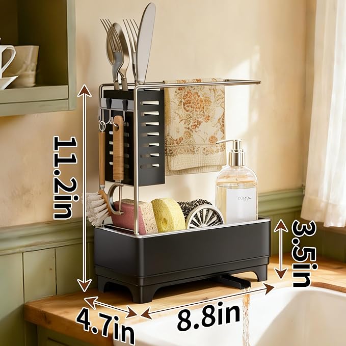 MOUKABAL 2-Tier Sponge Holder for Kitchen Sink, Sink Caddy Organizer Black | Large Capacity/Stainless Steel/Drain Holes Keep Items Dry/Holds Brush & Dishcloth/Side Hooks/Kitchen Counter Organizer