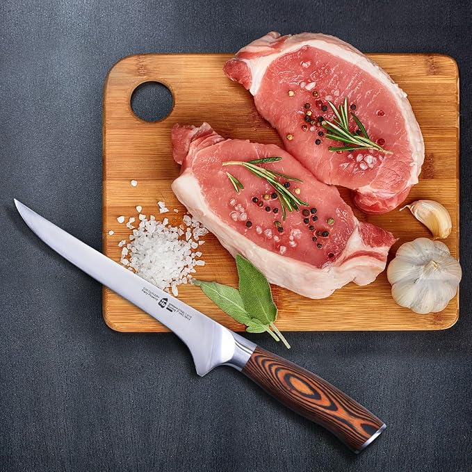 TUO Boning Knife, 7 inch Sharp Fillet Knife for Trimming Meat with Bones, Woodgrain Pakkawood Handle, High Carbon German Steel, Gift Box Included