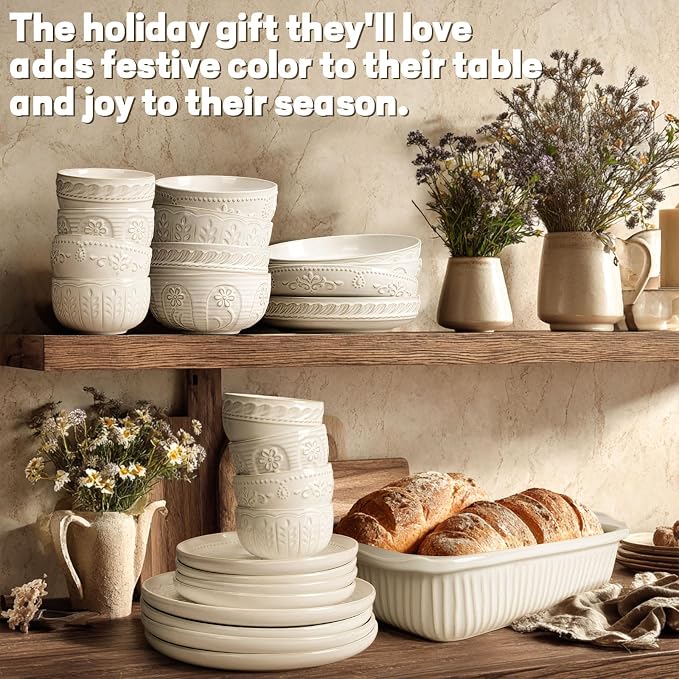 Pasta Bowls, 50oz Large Salad Serving Bowls, 9.75'' Plates Bowl Set of 4, Big White Ceramic Soup Bowl for Kitchen, Embossment Shallow Dinner Bowl, Microwave Dishwasher Safe, Damask Floral