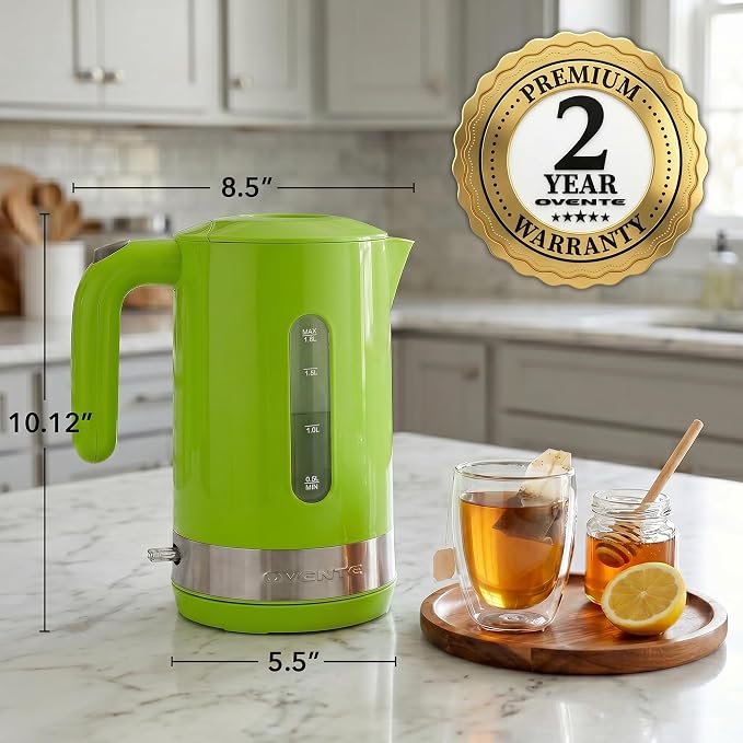 OVENTE 1.8L Electric Kettle with 1500W Fast Boiling Heater, Green KP413G | Best For Coffee or Tea, BPA-Free, Easy-Fill Lid, Water Level Window, Auto Shut-Off & Boil-Dry Protection, Removable Filter