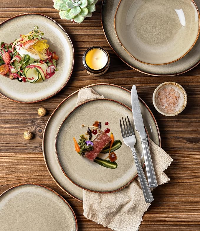 GBHOME Stoneware Dinnerware Sets for 6,18 Piece Rustic Plates and Bowls Set | Earthenware Handmade Reactive Glaze Plate Sets, Chip Resistant Ceramic Dishes, Microwave & Dishwasher Safe, Driftwood Taupe