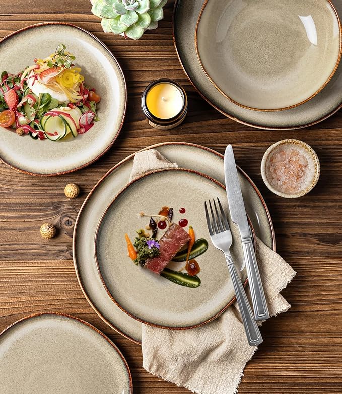 GBHOME Stoneware Dinnerware Sets for 4,12 Piece Rustic Plates and Bowls Set | Earthenware Handmade Reactive Glaze Plate Sets, Chip Resistant Ceramic Dishes, Microwave & Dishwasher Safe, Driftwood Taupe