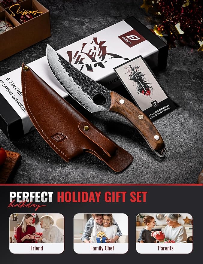 Damascus Chef Knife, 6.3" Japanese 67-Layer Steel, Walnut Handle | Includes leather sheath and gift box, designed for kitchen use, BBQ, camping, and outdoor cooking.