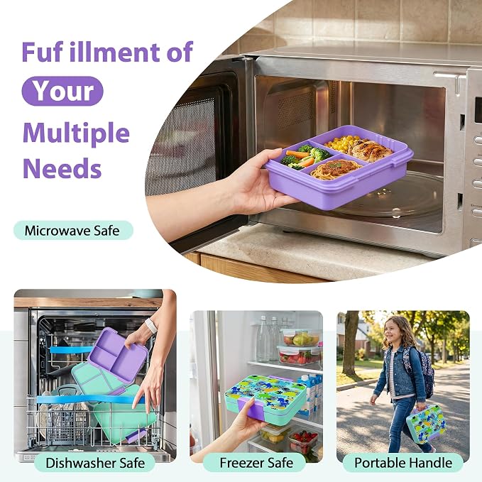 Kids Bento Lunch Box Set with 9.5oz Soup Thermo, Leak-Proof Lunch Food Containers with 3 Compartment and Removable Inner Tray, Insulated Hot Food Jar with Lunch Bag for School, Office, Dinosaur Green
