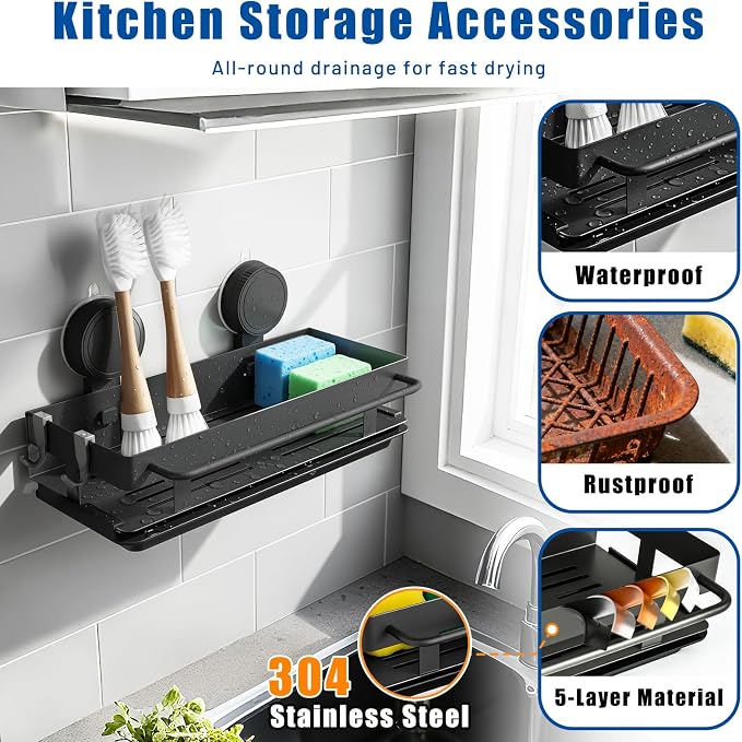 Sponge Holder for Kitchen Sink, Suction Cup Sink Caddy with Tray | Designed for smooth kitchen sink surfaces to organize sponges, brushes, soap and towels while opening up counter space