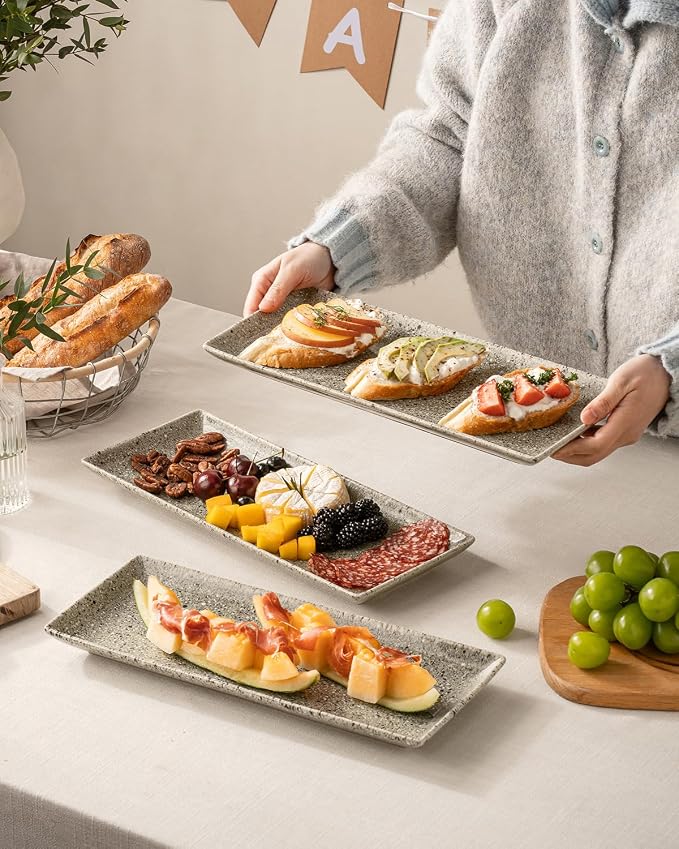 LAUCHUH 3 Tier Serving Trays for Party, Porcelain Dessert Party Display Set | 14 inch Serving Platters & Trays with Collapsible Sturdier Rack Tiered Tray Stand for Halloween Thanksgiving, Speckled Gray