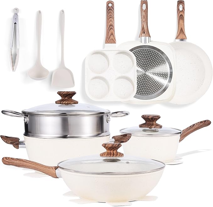 Simple Deluxe 17Pcs Ceramic Cookware Set, Nonstick & Non-Toxic Healthy Pots and Pans, Heat-Resistant Handles, Induction Cookware Sets with Frying Pans, Beige