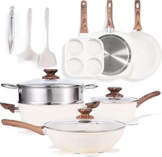Simple Deluxe 17Pcs Ceramic Cookware Set, Nonstick & Non-Toxic Healthy Pots and Pans, Heat-Resistant Handles, Induction Cookware Sets with Frying Pans, Beige