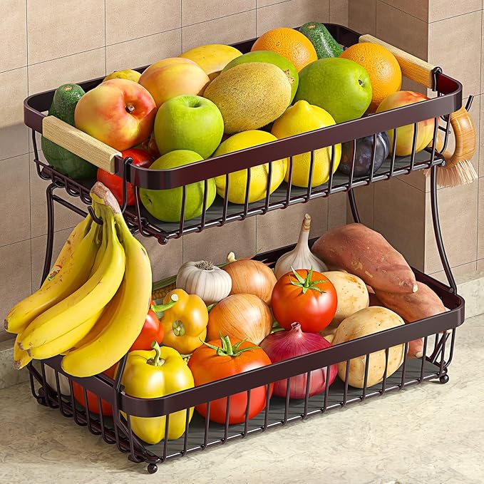 2-Tier Fruit Basket with Banana Hangers, Detachable Metal Bowl