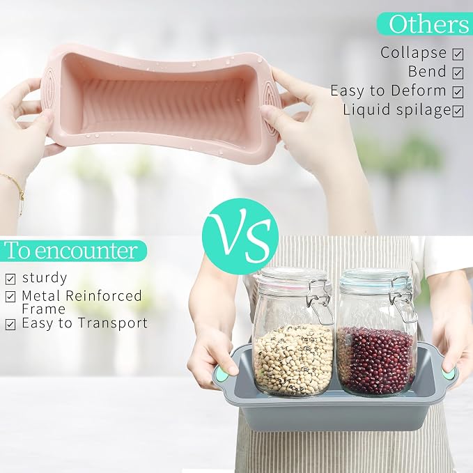 9 Inch Silicone Bread and Loaf Pan, 2 Pack Food Grade Nonstick Silicone Molds for Baking Banana Bread, Meat Loaf, Pound Cake, with Metal Reinforced Frame More Strength