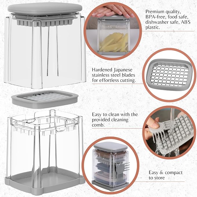 Brieftons PerfectCut Vegetable Chopper: Manual Push-Down Food Dicer & Chop Box, 4 Blades, French Fry Cutter, Potato Wedge & Veggie Cutter, No Electricity, 3.5-Cup Catch Container, 5 Recipe eBooks