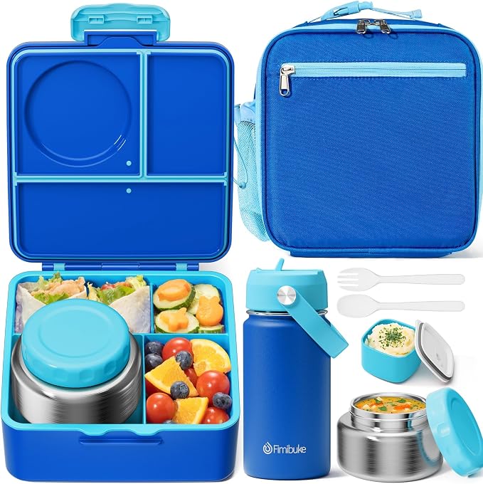 Fimibuke Bento Box for Kids Adult - Leakproof 3-4 Compartments Lunch Bento Box Set with Insulated Food Jar, Water Bottle, Lunch Bag, Sauce Cup & Cutlery for Toddler Teen Shcool Girl Boy Age 3+