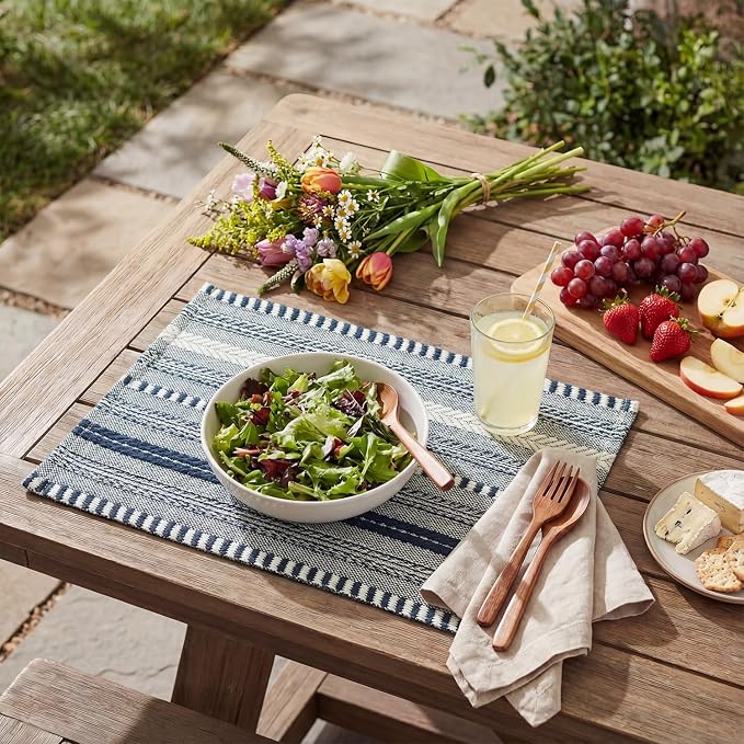 Artoid Mode Dark Blue Farmhouse Woven Braided Stripe Placemats Set of 6,12x18 Inch Seasonal Holiday Table Mats Party Kitchen Dining Decoration