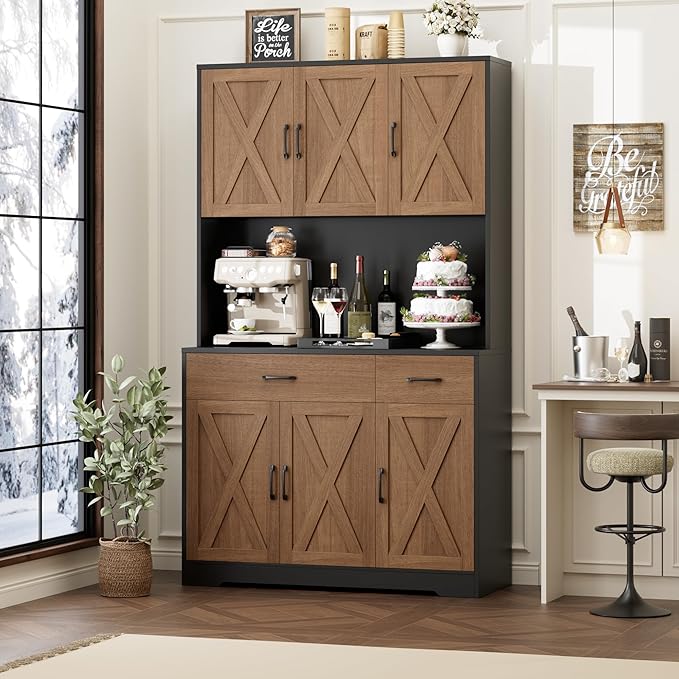 HOSTACK 71"H Kitchen Pantry Storage Cabinet, Farmhouse Hutch Cabinet, Brown | Space-Saving Pantry Cabinet with Charging Station & 2 Large Drawers & Adjustable Shelves, Tall Kitchen Hutch, Dining Room