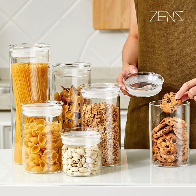 ZENS Glass Jars with Airtight Lid Set of 2, 37oz Kitchen Storage Jars | Clear Glass Canisters with Airtight Lids, Thick Borosilicate Glass Airtight Containers for Cereal, Dry Food Storage