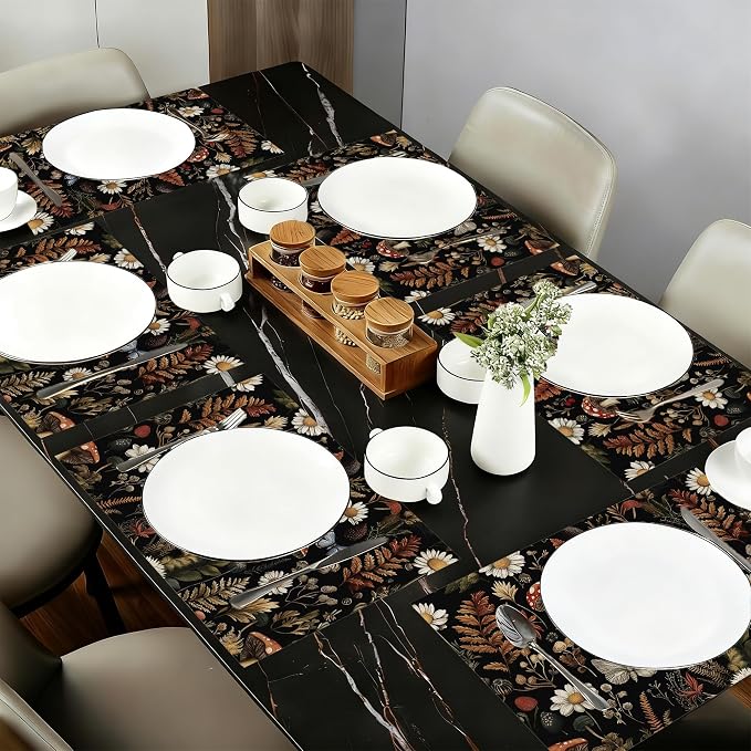 Cloth Placemats,Forest Mushroom Fabric Placemats Set of 6,Washable Rustic Herb Leaf Wildflower Table Mats,Decorative Place Mats for Dining Home Kitchen Holiday Party 11.8x17.7 Inch