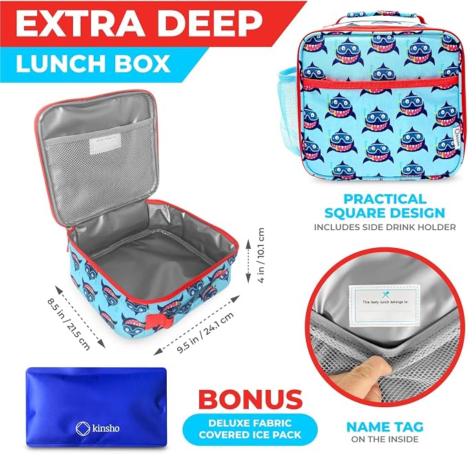 kinsho Bento Lunch Box Set with Thermo Bag & Ice Pack, Cute Baby Blue Shark | 4 Compartments, Removable Tray, Small Meal Snack Container for Boys Toddlers, Daycare & Pre-School, Steel Food Jar