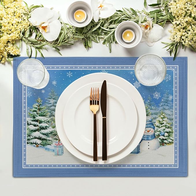 Winter Snowman Placemats Set of 4 - Watercolor Blue Decorative Snowflakes Green Pine Tree Table Mats 12 x 18 Inch Washable Heat Resistant Place Mat for Outdoor Kitchen Dining Decor
