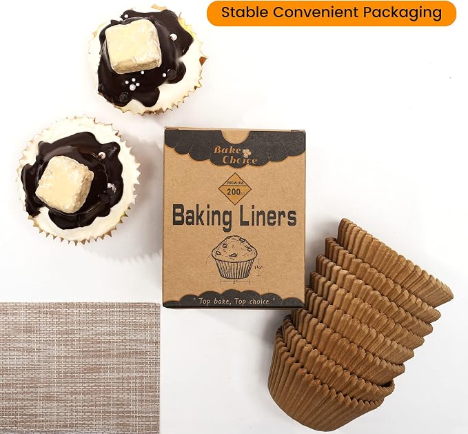 Bake Choice 200pcs Standard Cupcake Liners for Baking, Brown Muffin Liners | Food-grade cupcake wrappers, greaseproof parchment paper for Christmas decorations