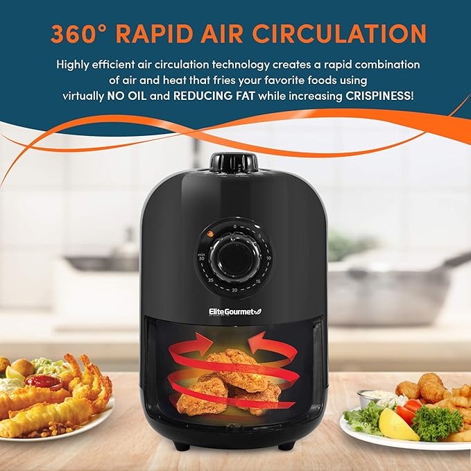 Elite Gourmet EAF1121 Personal Air Fryer, Compact, Oil-Less, 1000W, 1.1Qt | Healthy Cooker, Timer & Temperature Controls - Space-Saving Design