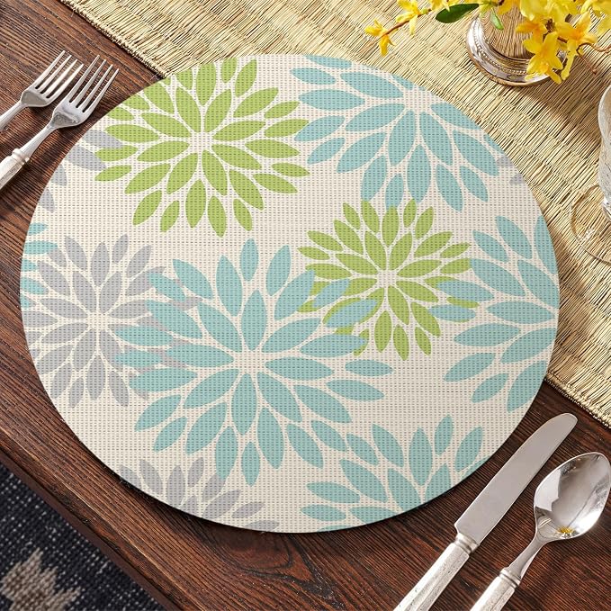 Artoid Mode Sage Dahlia Plastic Round Placemats Set of 4, 14 Inch Seasonal Washable Woven Vinyl Table Mats for Farmhouse Party Kitchen Dining Decor