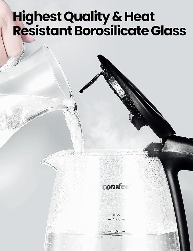 COMFEE' Glass Electric Tea Kettle & Hot Water Kettle Electric, 1.7L Electric Kettle with LED Indicator, 1500W Fast Boil, Auto Shut-Off and Boil-Dry Protection