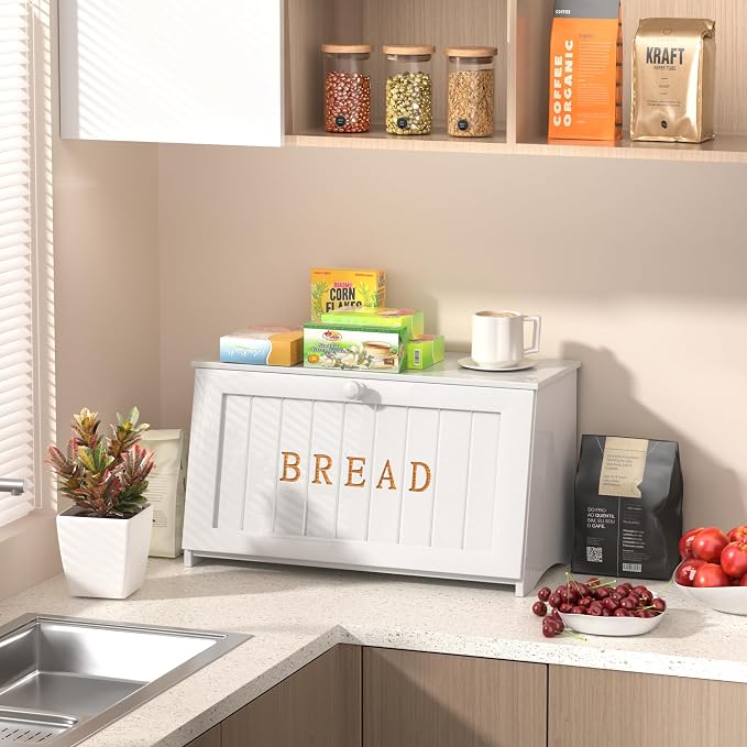 Vintage Bread Box for Kitchen Countertop, Retro Design Bread Storage Container, Farmhouse Wooden Counter Breadbox, Small Bamboo Bread Bin Holder for Homemade Bread