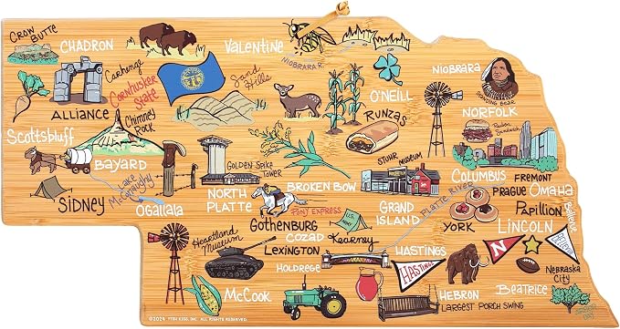 Totally Bamboo Nebraska State Shaped Cutting Board, Art by Fish Kiss | State charcuterie board with colorful hand-drawn map artwork. Smooth reverse side for food prep. Hang tie for wall display.