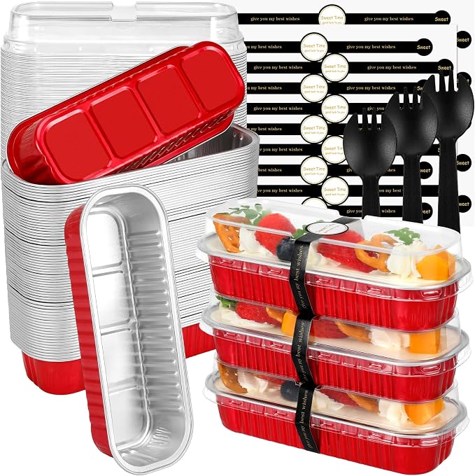 EgticHome Mini Loaf Pans with Lids and Spoons (100 Pack, Red, 6.8oz) Rectangular Aluminum Foil Baking Pans