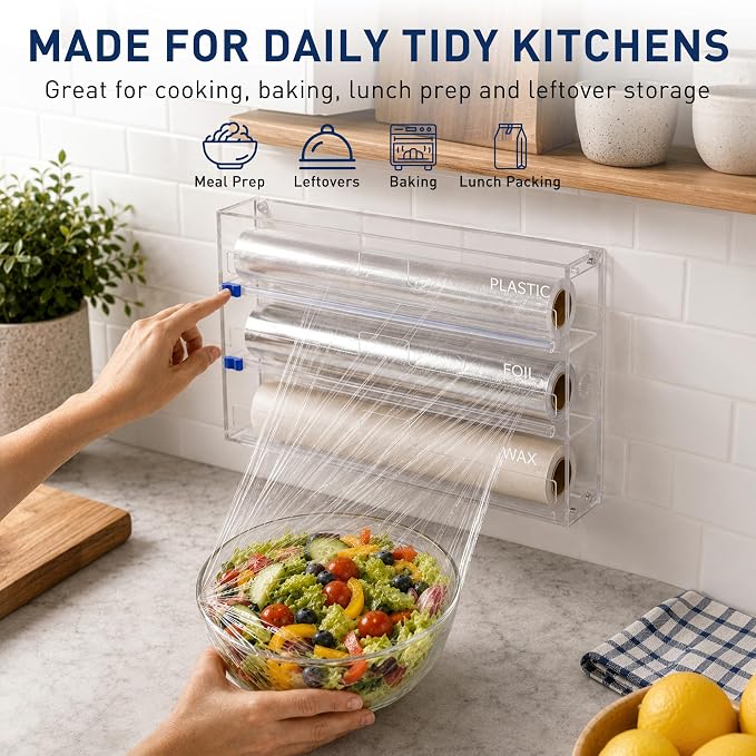 3 In 1 Acrylic Aluminum Foil, Plastic Wrap Organizer with Cutter | Clear Kitchen Storage for Wax Paper Dispenser Holder, For Drawer or Wall Mount, Fits 12 Inch Roll