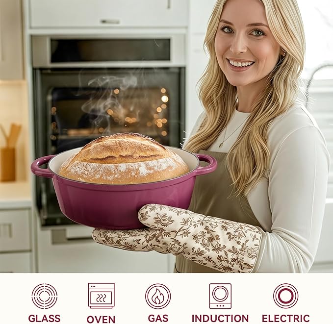 Oval Dutch Oven for Bread Baking, 4.5 Quart Non Stick Enameled Cast Iron Dutch Oven Pot with Lid, Oven Safe Oval Casserole with Lid up to 500°F for Baking, Braising, Stews, Roasting, Rose