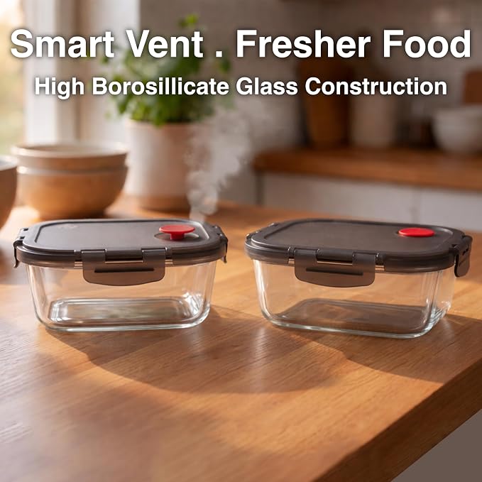 Borosilicate Glass Airtight Food Storage Containers with Vented Lids, Assorted Set of 8 (4 Rectangular & 4 Square)