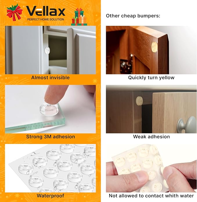 Vellax 64-Pack Clear Silicone Cabinet Bumpers, Self Adhesive Sticky Pads | 64 clear silicone bumpers absorb shock, dampen noise & protect surfaces - sticky, durable & easy to apply anywhere.