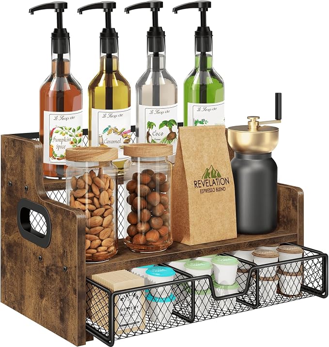 Coffee Syrup Rack Organizer, 3-Tier 8 Bottles Syrup Holder Stand with 35 K Cup Storage Basket Drawer for Coffee Bar, Wood Liquor Shelf Wine Rack Countertop for Home, Rustic Brown