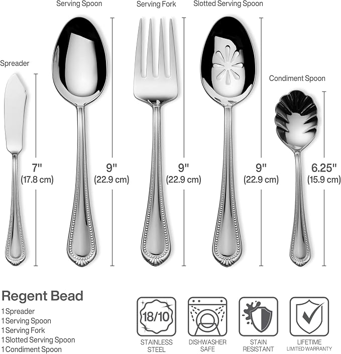 Mikasa Regent Bead 65-Piece Flatware Set for 12, 18/10 Stainless Steel Silverware with Beaded Teardrop Handles, Includes Serving Utensils, Dishwasher Safe (Pack of 2)