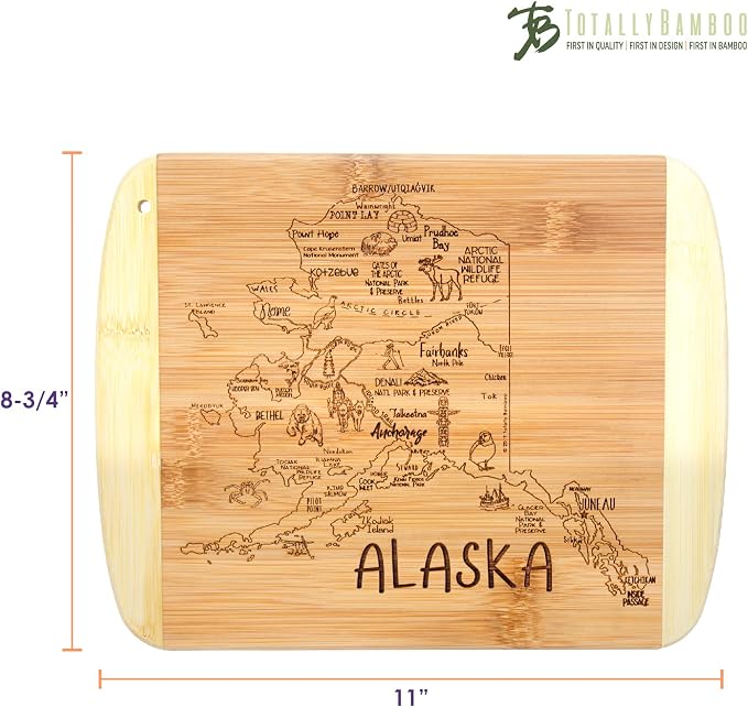 Totally Bamboo A Slice of Life Alaska Engraved Map Cutting Board | 11” x 8.75” charcuterie board with engraved state map artwork. Smooth reverse side for food prep. Hang tie for wall display.