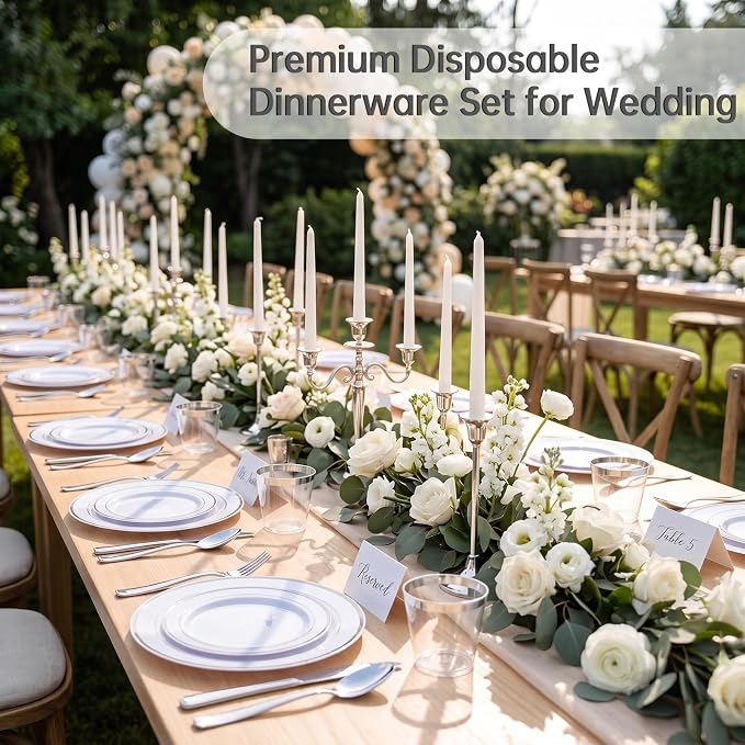 DaYammi 350PCS Silver Plastic Dinnerware Set for 50 Guests, Fancy Disposable Plates for Party, Include: 50 Dinner Plates, 50 Dessert Plates, 50 Pre Rolled Napkins with Silver Silverware, 50 Cups