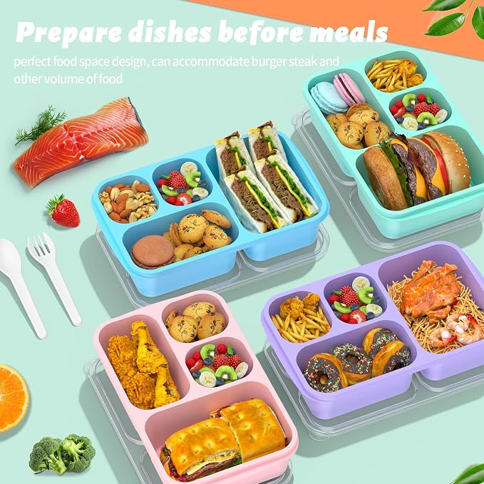 Bento Lunch Box - 4 Pack, 4-Compartment Meal Prep Containers, Adult Lunch Box, Microwave & Dishwasher Safe (Dark-PP(B/P/G/P))