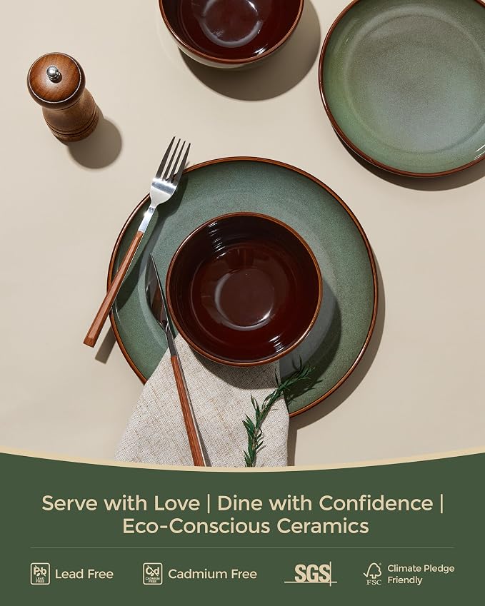 32 Piece Double Bowl Dinnerware Sets with Pasta Bowls, Highly Chip and Crack Resistant Plates and Bowls Sets, Natural Earthyware Ceramic Dishware Sets, Service for 8 Sage Green