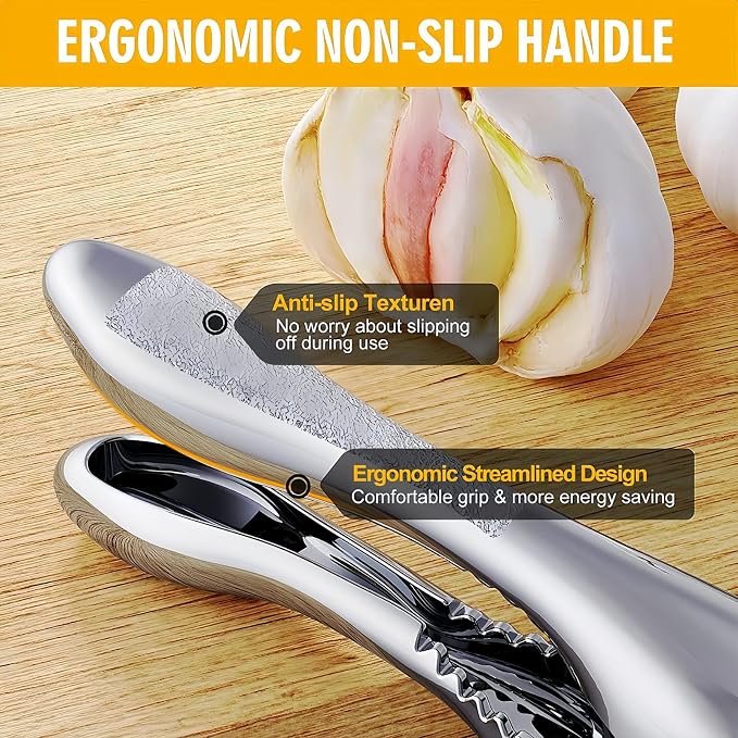 WUJIE Stainless Steel Garlic Press and Slicer - 2-in-1 Crusher and Mincer, Professional Kitchen Tool with Cleaning Brush for Garlic and Ginger, Aluminum Alloy