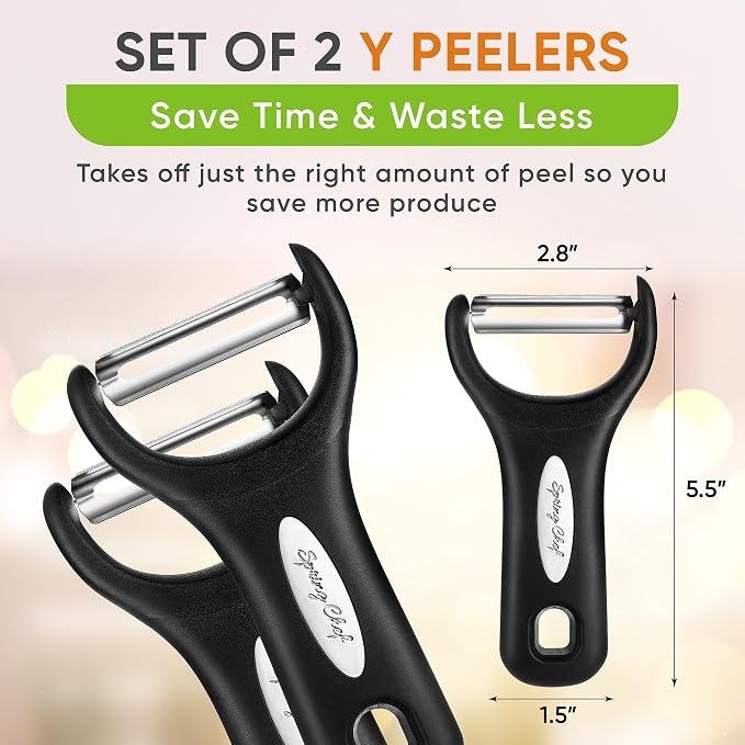 Spring Chef Set of 2 Stainless Steel Y Shaped Vegetable Peeler for Kitchen | Heavy Duty Potato Peeler with Ultra Sharp Blades & Soft Grip Handle for Apple, Carrot, Cucumber, Veggie, Fruit, Citrus