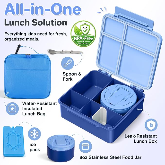 Bento Lunch Box with 8oz Soup Thermo,Kids Leakproof 4 Compartment Lunch Food Containers with Sauce Cup and Ice Pack,Kids Thermo Insulated Hot Food Jar and Lunch Bag for School,Trvael-Blue